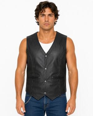 1990s Xelement Black Leather Braided Trim Biker Vest Men’s XL NWT